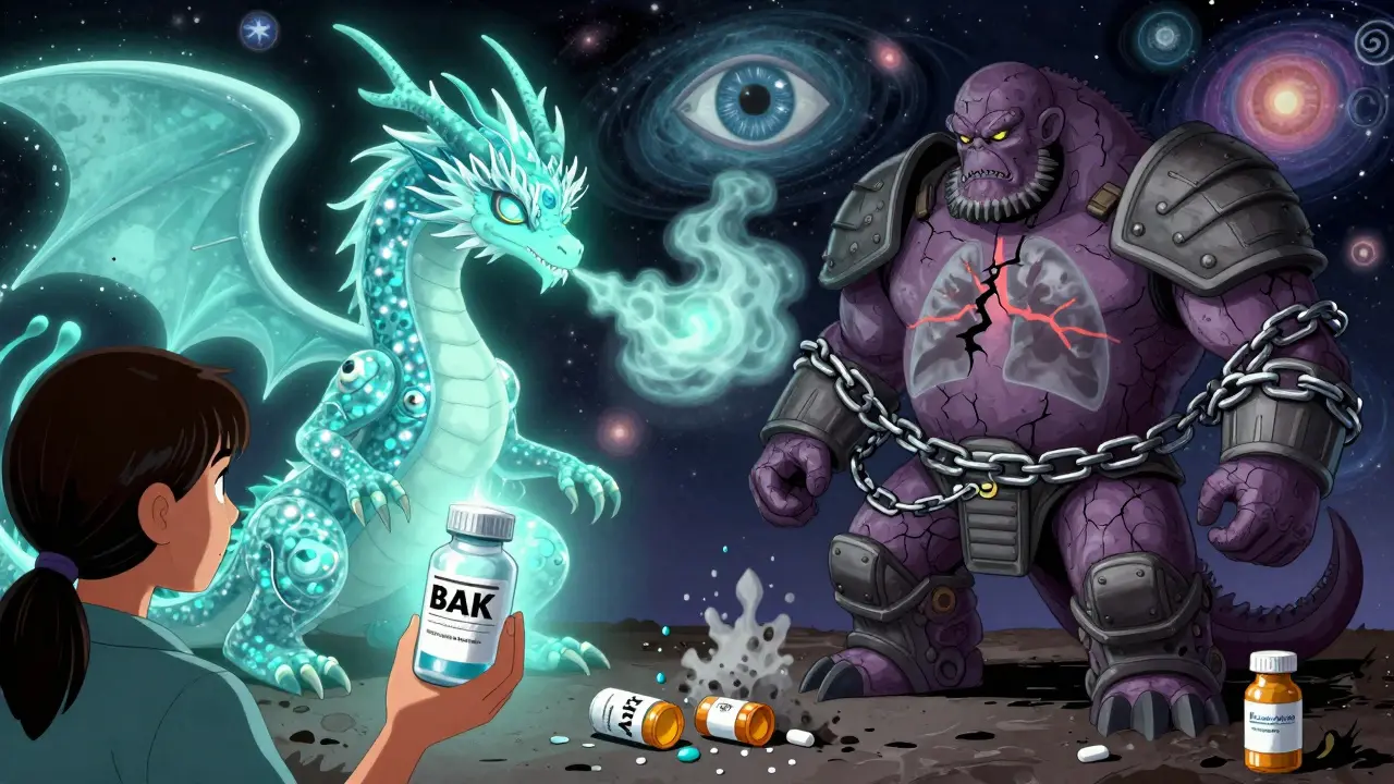 Mythical dragon vs beast battle representing glaucoma meds, with a preservative-free bottle emitting clean light.