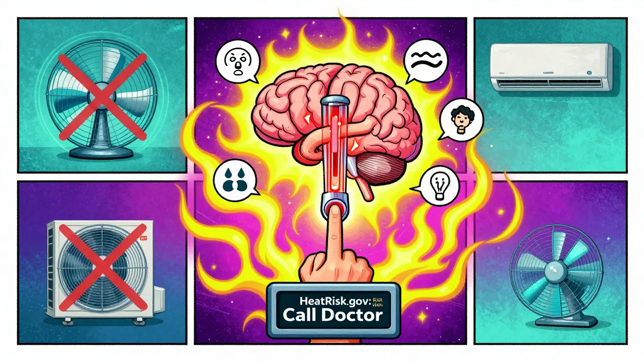 Overheating brain with warning icons and HeatRisk.gov screen in vibrant psychedelic colors.