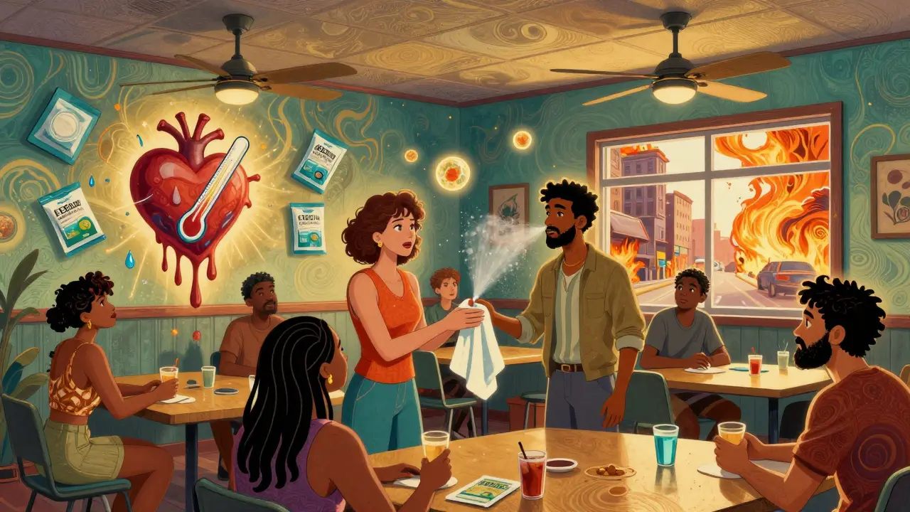 People in a cool community center exchanging cooling supplies, with a mural of a heart melting into water.