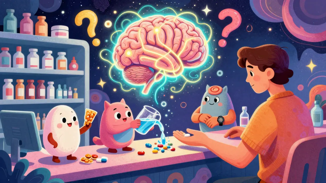 Pills turning into helpful creatures at a pharmacy with glowing brain in background