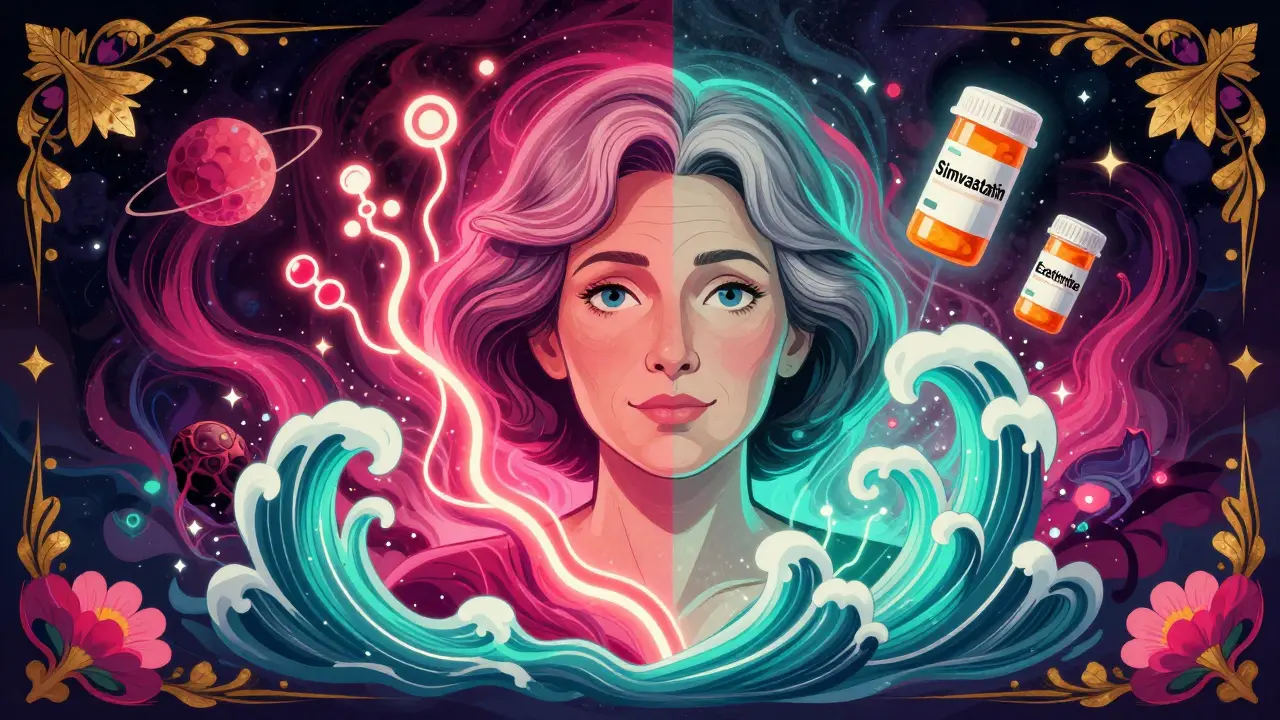 Post-menopausal woman with rising blood sugar and cholesterol waves, framed by cosmic medication symbols in vibrant hues.