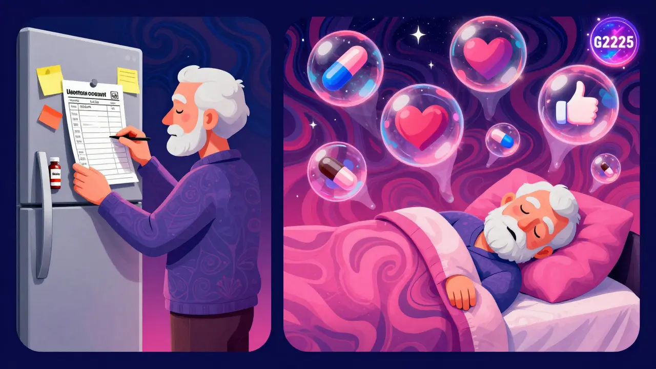 Senior holding medication plan on fridge, with peaceful dream orbs above bed and glowing billing code in corner.
