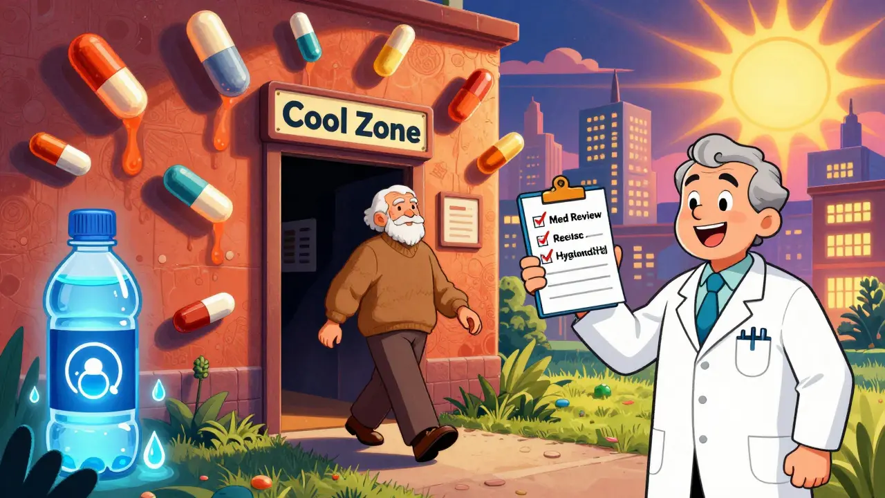 Senior stepping away from dangerous medications toward a cool zone with water and pharmacist.