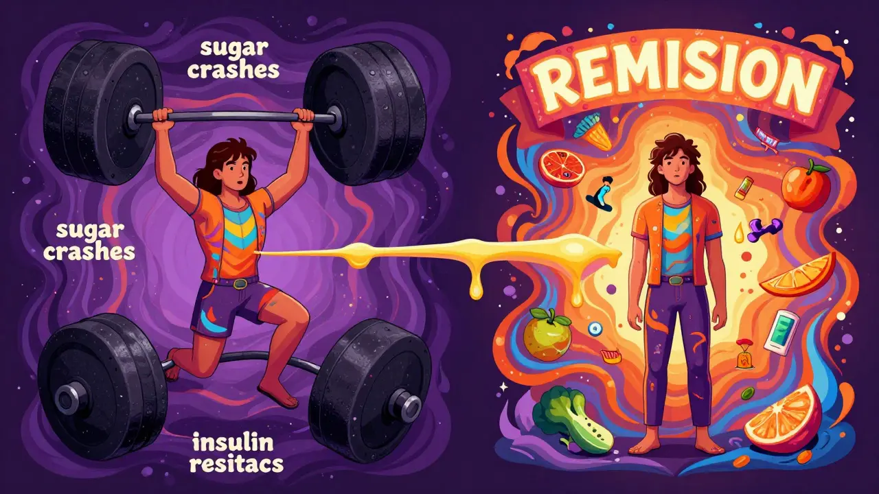 Split illustration of struggle vs. empowerment, with healthy foods and light overcoming dark weights, symbolizing diabetes remission.