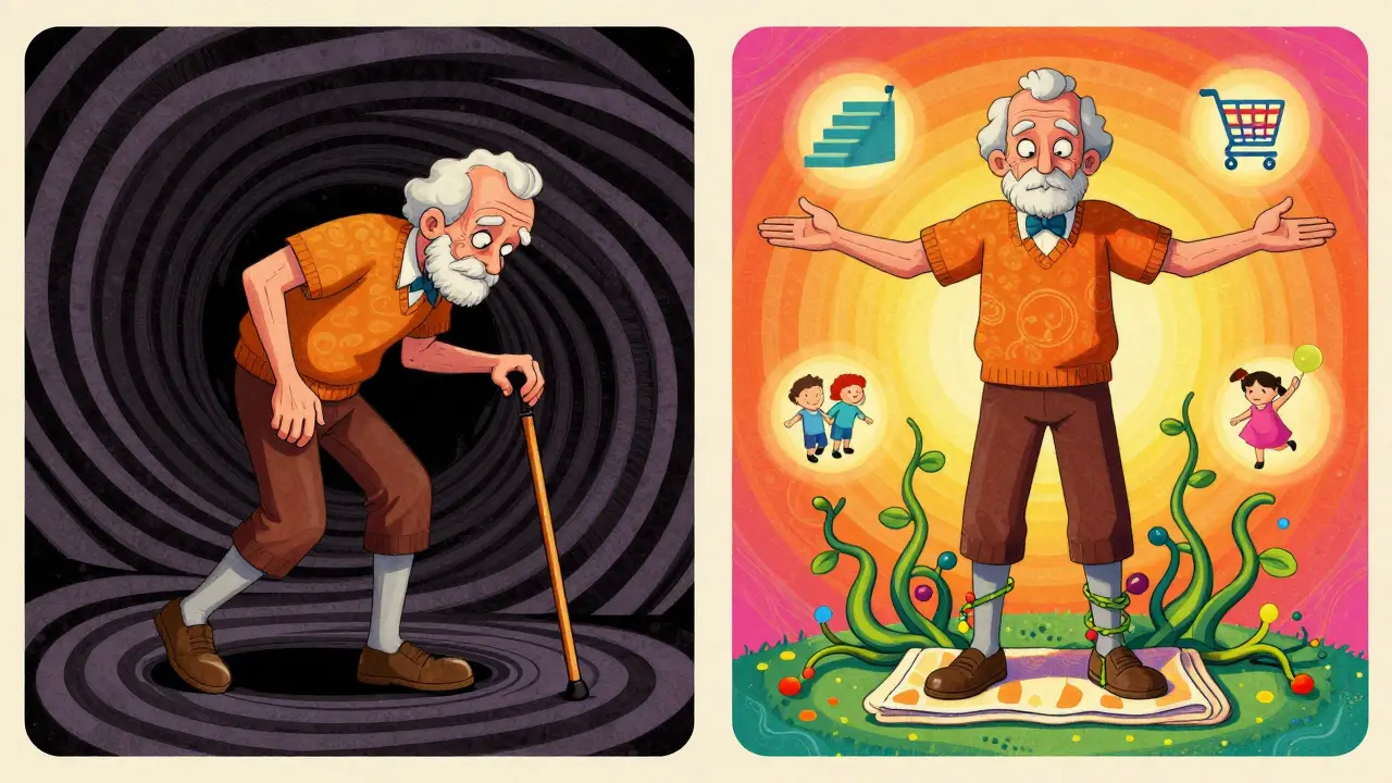 Split image: one side shows dizziness and fall risk, the other shows stable balance with glowing neural connections.