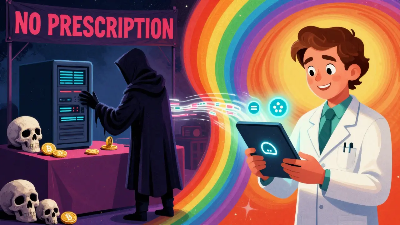 Split scene: a hacker stealing data on one side, a pharmacist verifying a prescription securely on the other.