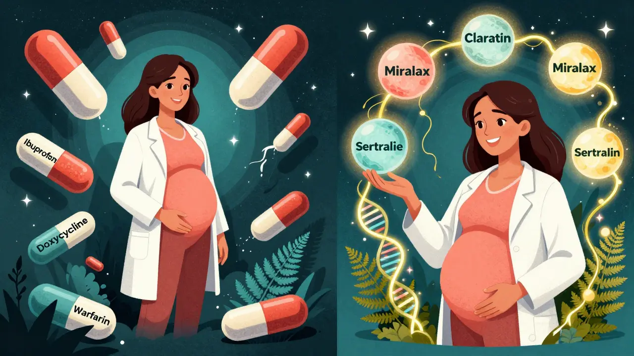 Split scene: dangerous pills casting shadows vs. safe alternatives floating as glowing celestial bodies during pregnancy.