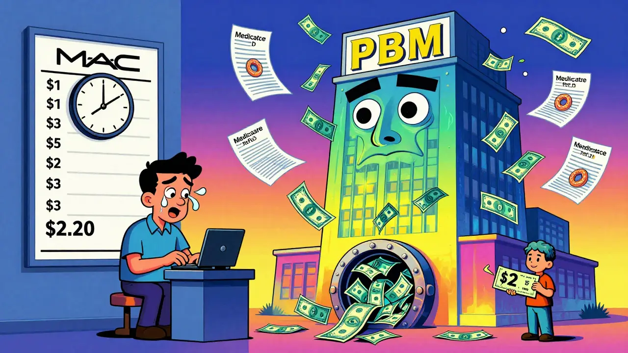 Split scene of a struggling pharmacy with a slow MAC clock versus a towering PBM building raining money.