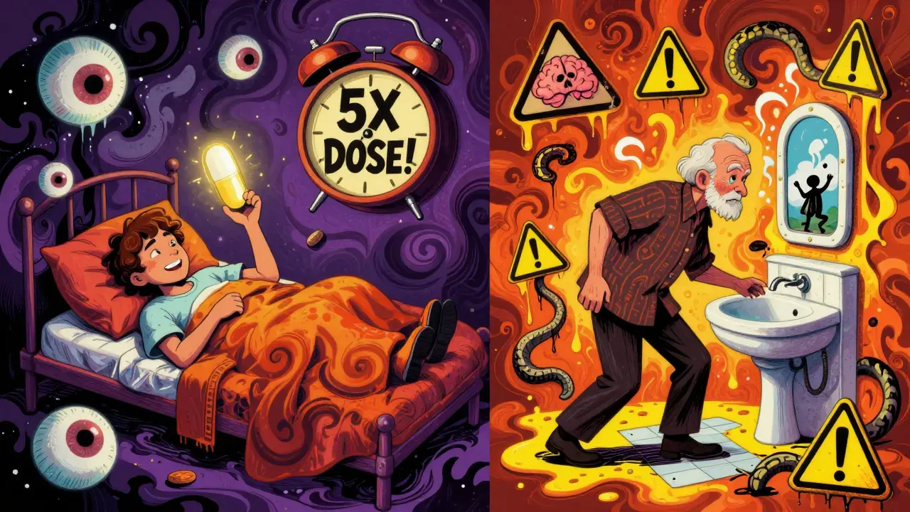 Split scene of vivid nightmares from melatonin and elderly person stumbling from anticholinergic side effects.