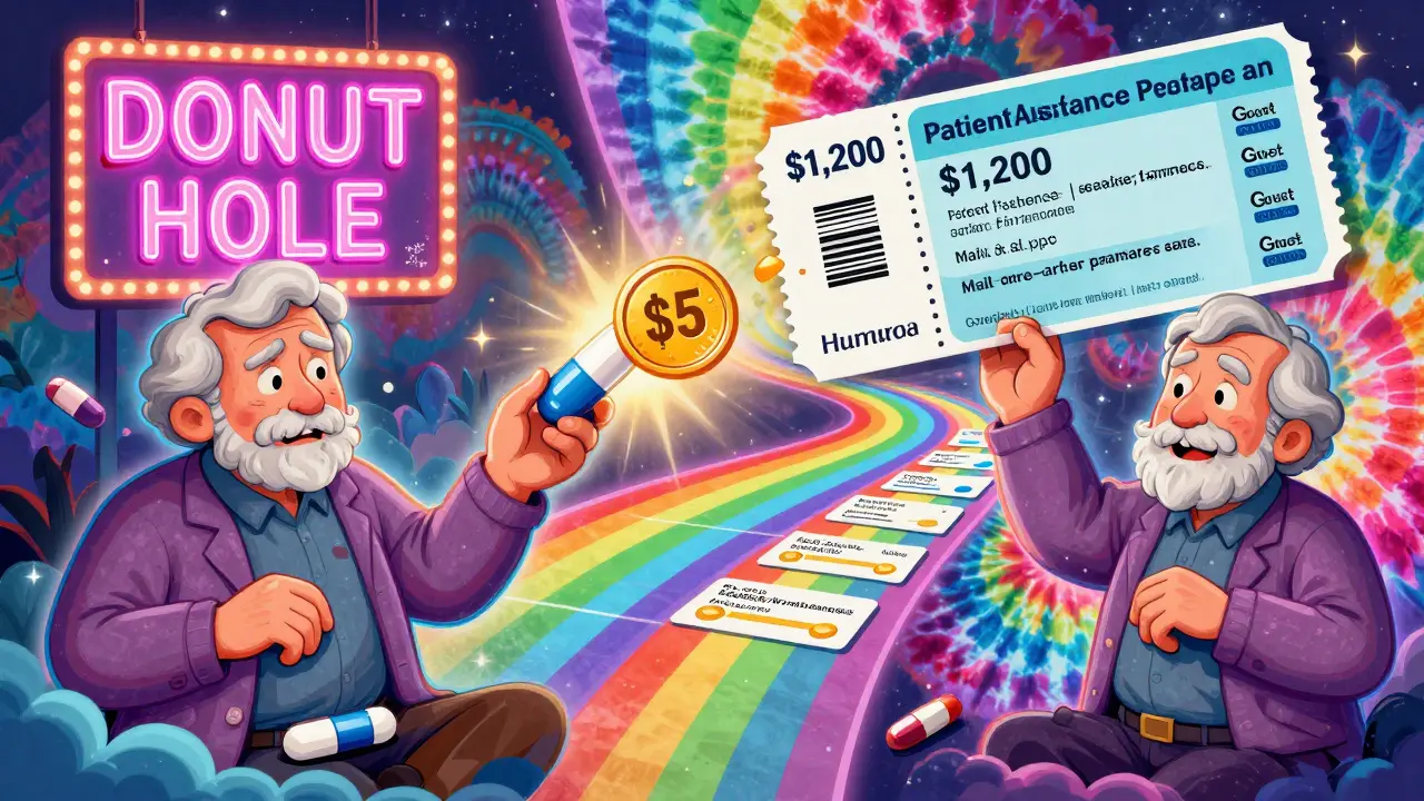 Split scene: one side shows high drug costs, the other shows savings through patient programs and generics in vibrant swirls.