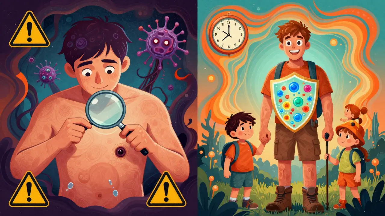 Split scene showing cancer worry on one side, healthy life on the other, with biologic protection.