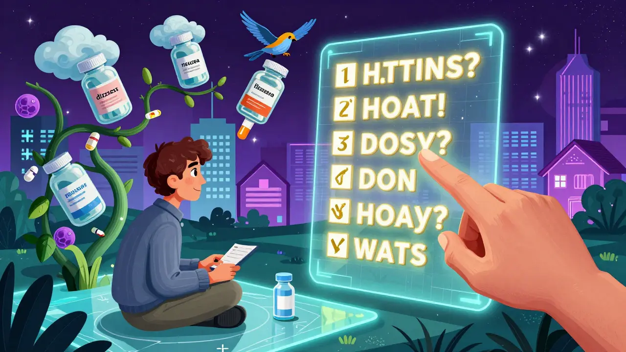 Surreal video call between patient and pharmacist with medication bottles turning into birds and glowing questions.