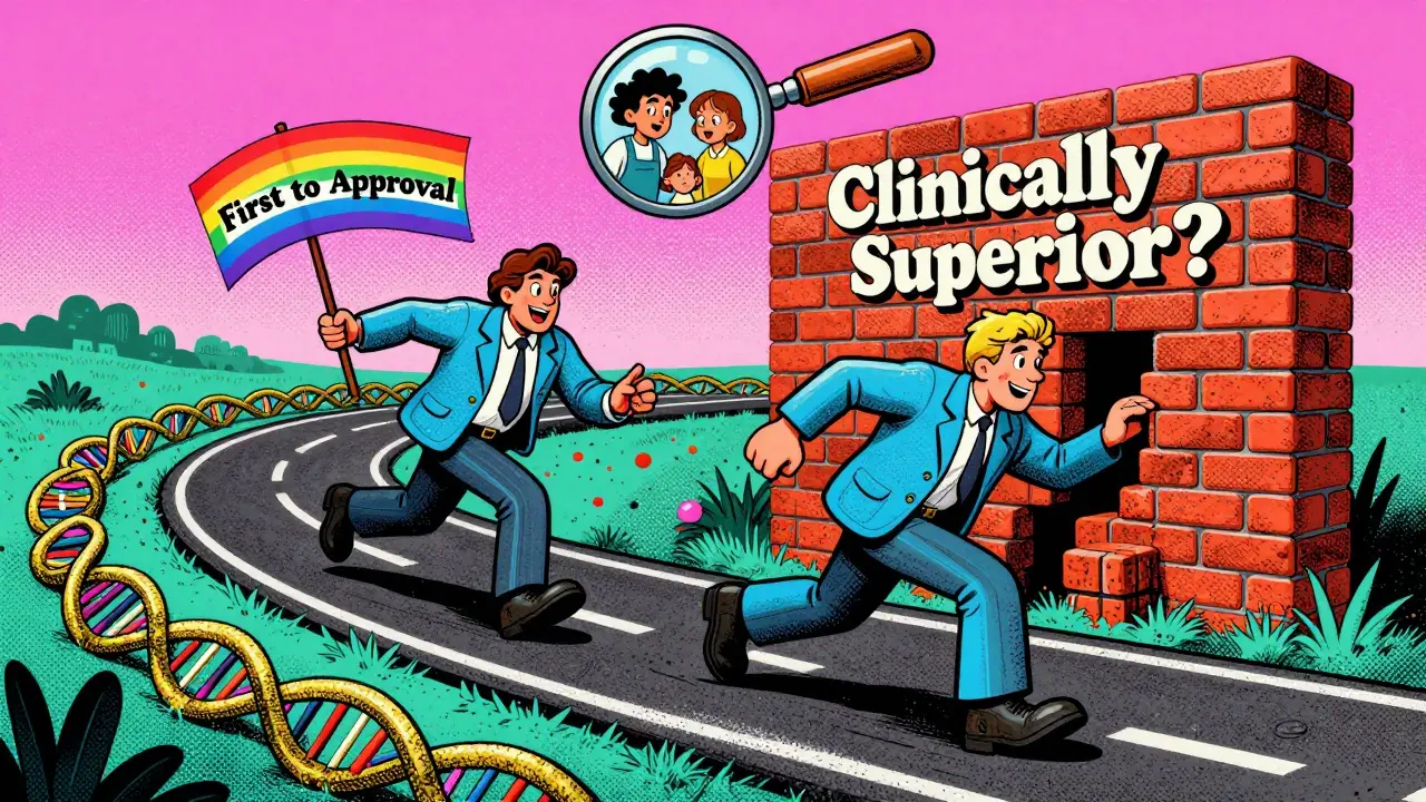Two companies racing on a DNA road, one winning exclusivity while the other is blocked by a wall labeled 'Clinically Superior?'