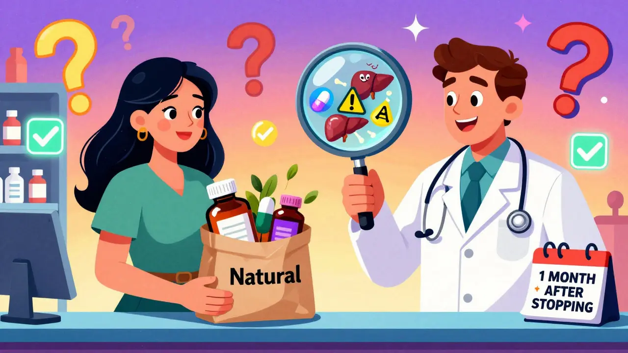 Woman at pharmacy counter giving herbal supplements to doctor, who reveals hidden warnings.