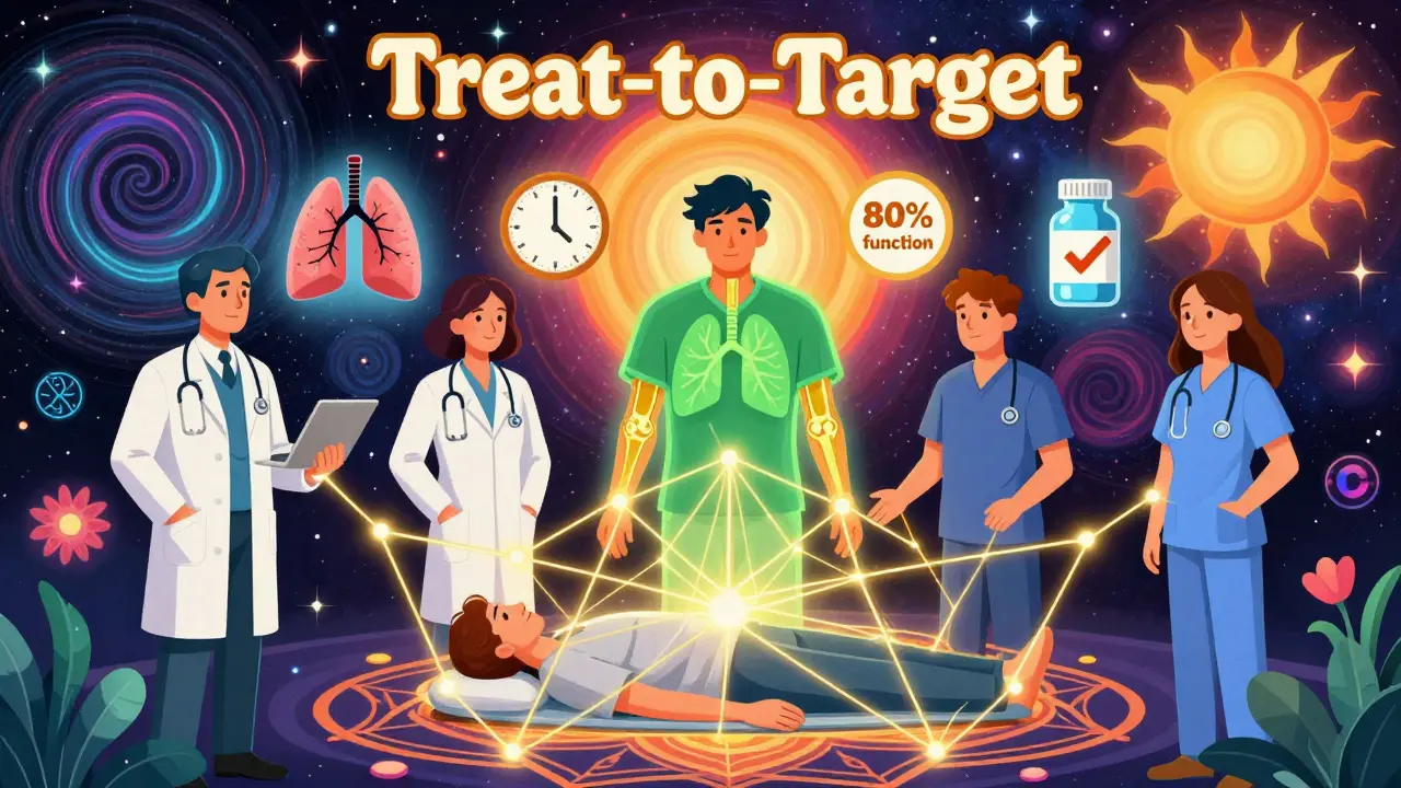 A care team connected by golden threads over a patient under a healing mandala, with icons for lung function and medication adherence in vibrant psychedelic hues.