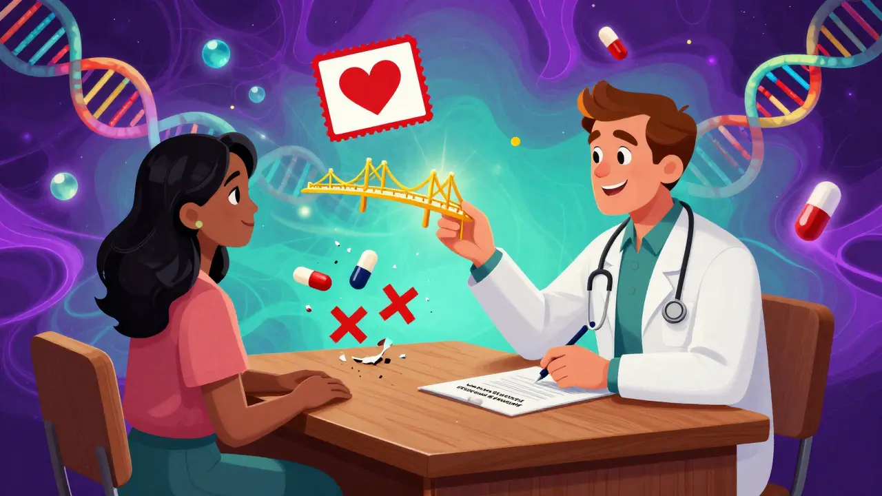 A doctor writes a glowing medical necessity letter that becomes a golden bridge toward a heart-shaped approval stamp amid swirling pill patterns.