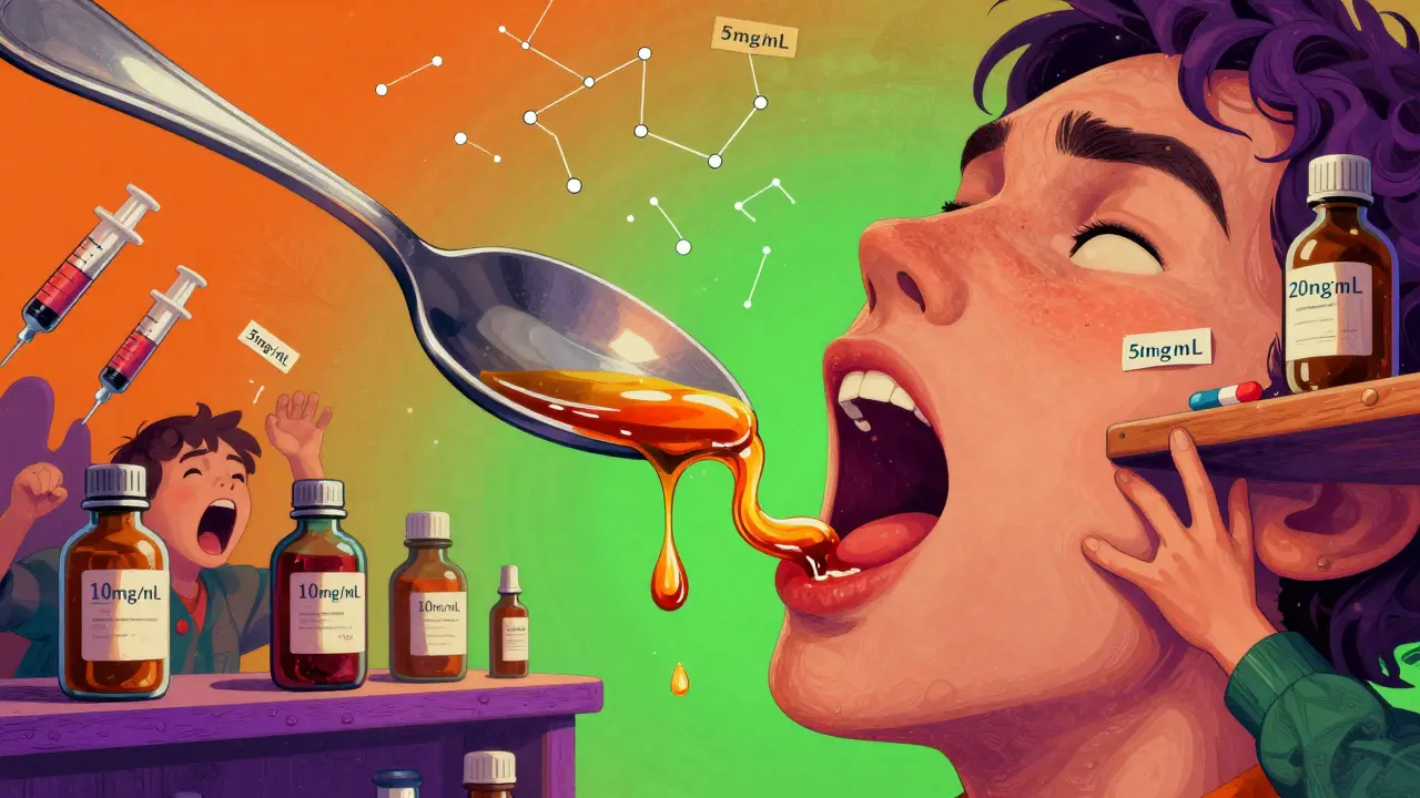 A giant kitchen spoon pouring liquid opioid into a throat, while tiny syringes and concentration labels float around in panic.