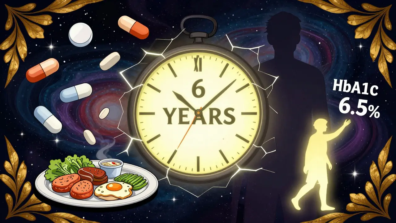 A glowing clock labeled '6 YEARS' with medications and food floating around, as a person transforms into light — symbolizing diabetes remission.