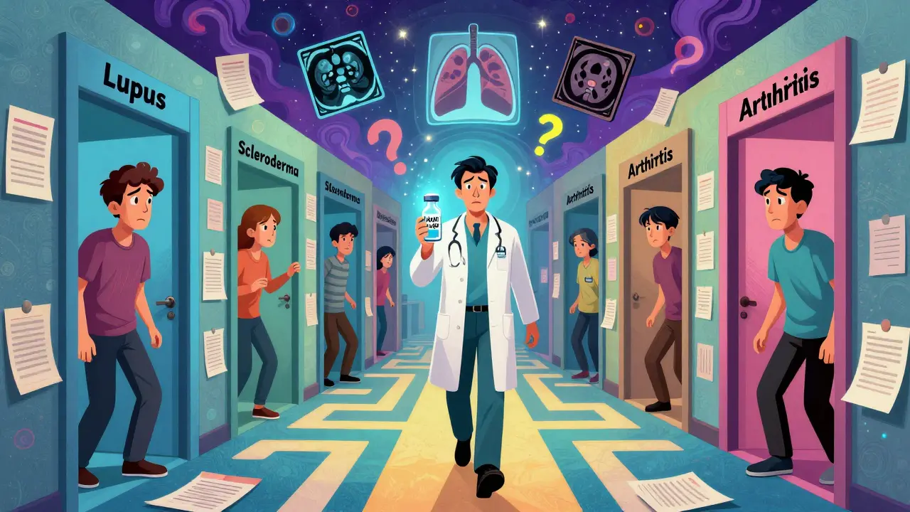 A patient navigating a maze of misdiagnoses, guided by a rheumatologist holding a glowing antibody vial, with floating lung scans and question marks.