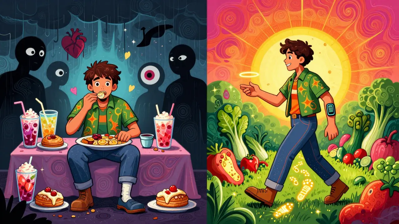 A split psychedelic scene: left side shows unhealthy eating with looming health risks, right side shows healthy habits with glowing wellness symbols.