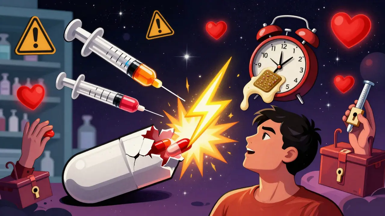 An extended-release pill exploding with opioids as two naloxone syringes rush in, with a melting clock symbolizing renarcotization.