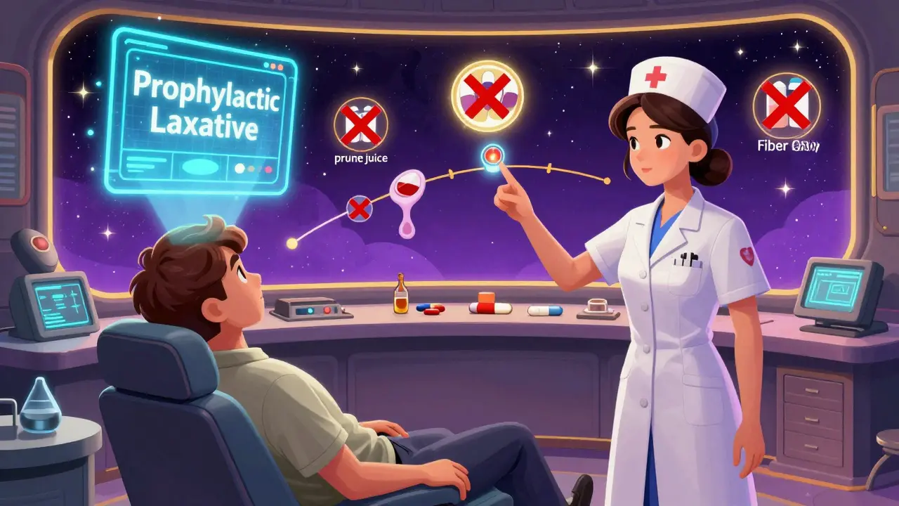 Doctor's office control room with alert triggering prophylactic laxative, symbols of outdated advice fading away.