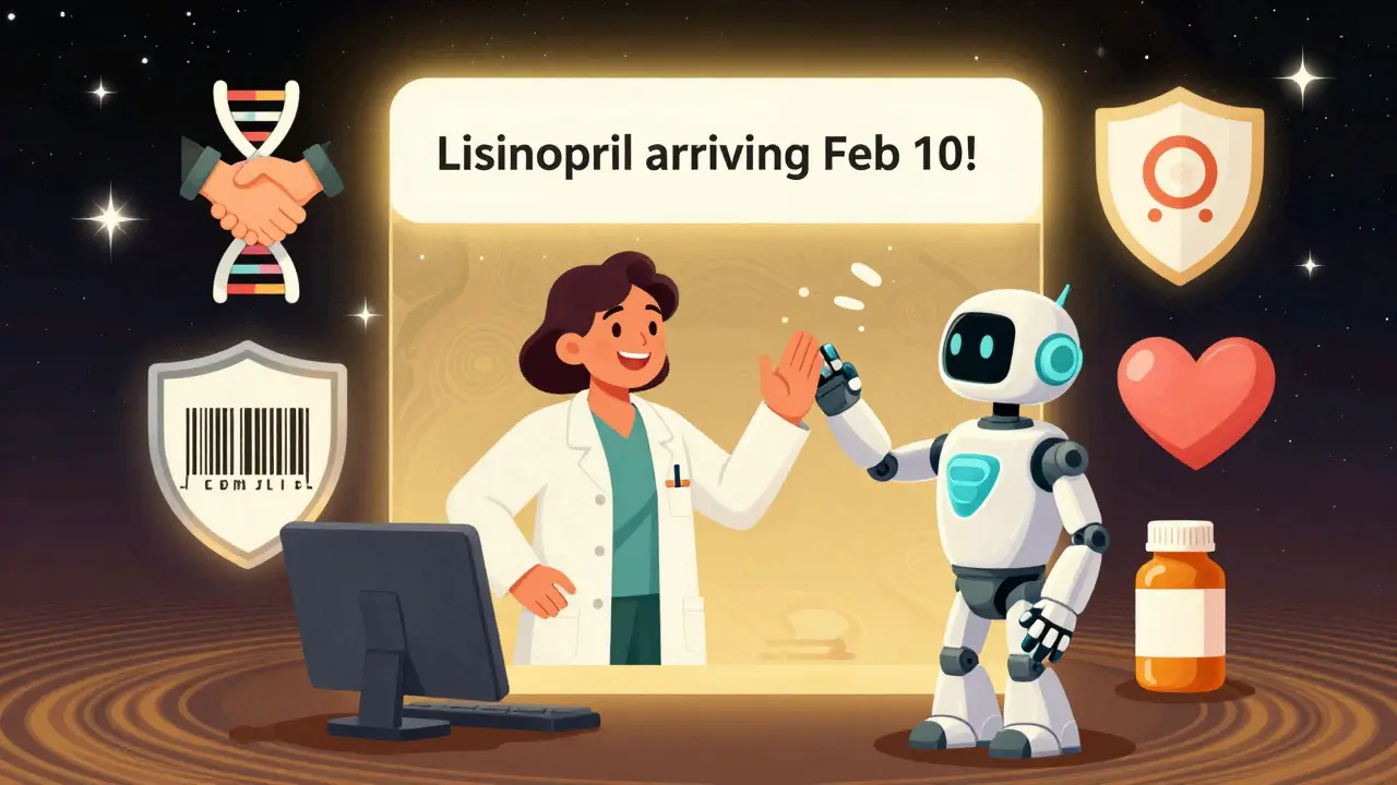 Patient receiving a notification on a glowing screen while pharmacist high-fives a robot, surrounded by trust symbols.