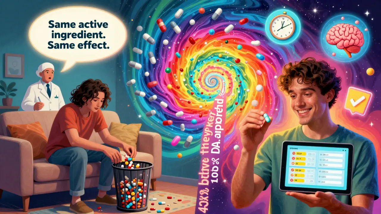 Patient throwing away generic pills vs. another accepting them with a side-by-side FDA comparison shown on a tablet.