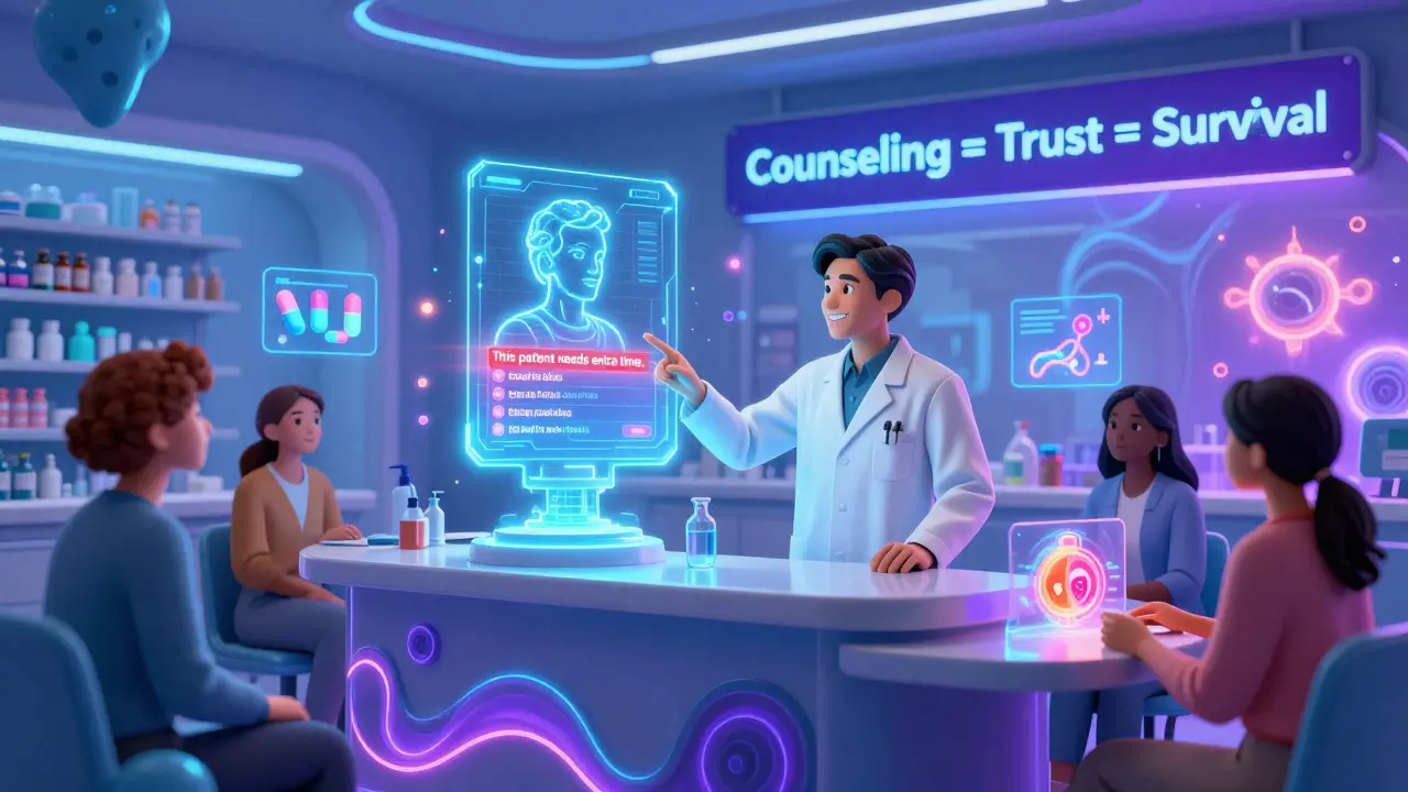 Pharmacist using an AI hologram to identify a patient needing extra counseling, surrounded by personalized visual aids.