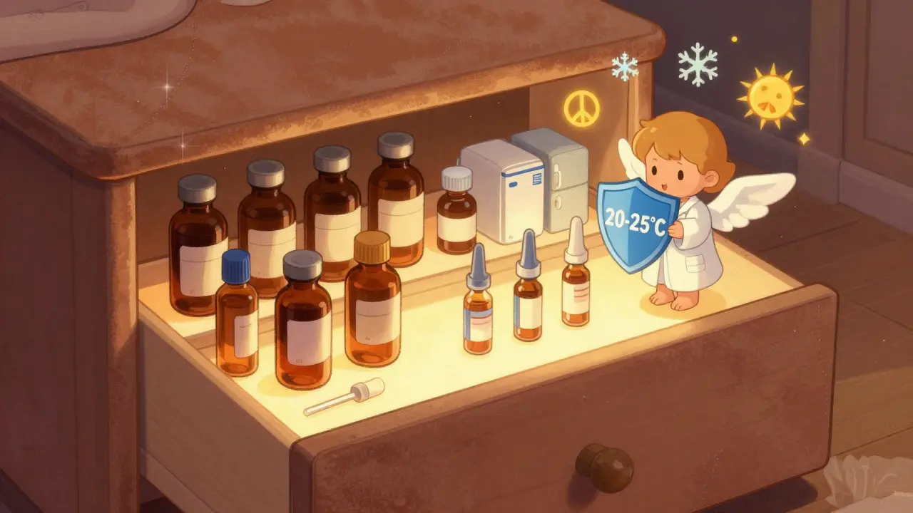 Serene bedroom drawer with organized meds under golden light, protected by a lab-coated guardian.