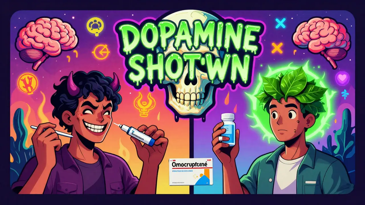 Split-panel: one person taking dangerous drugs with a demonic smile, another safe with a green halo, above a skull-shaped warning sign in neon psychedelic hues.