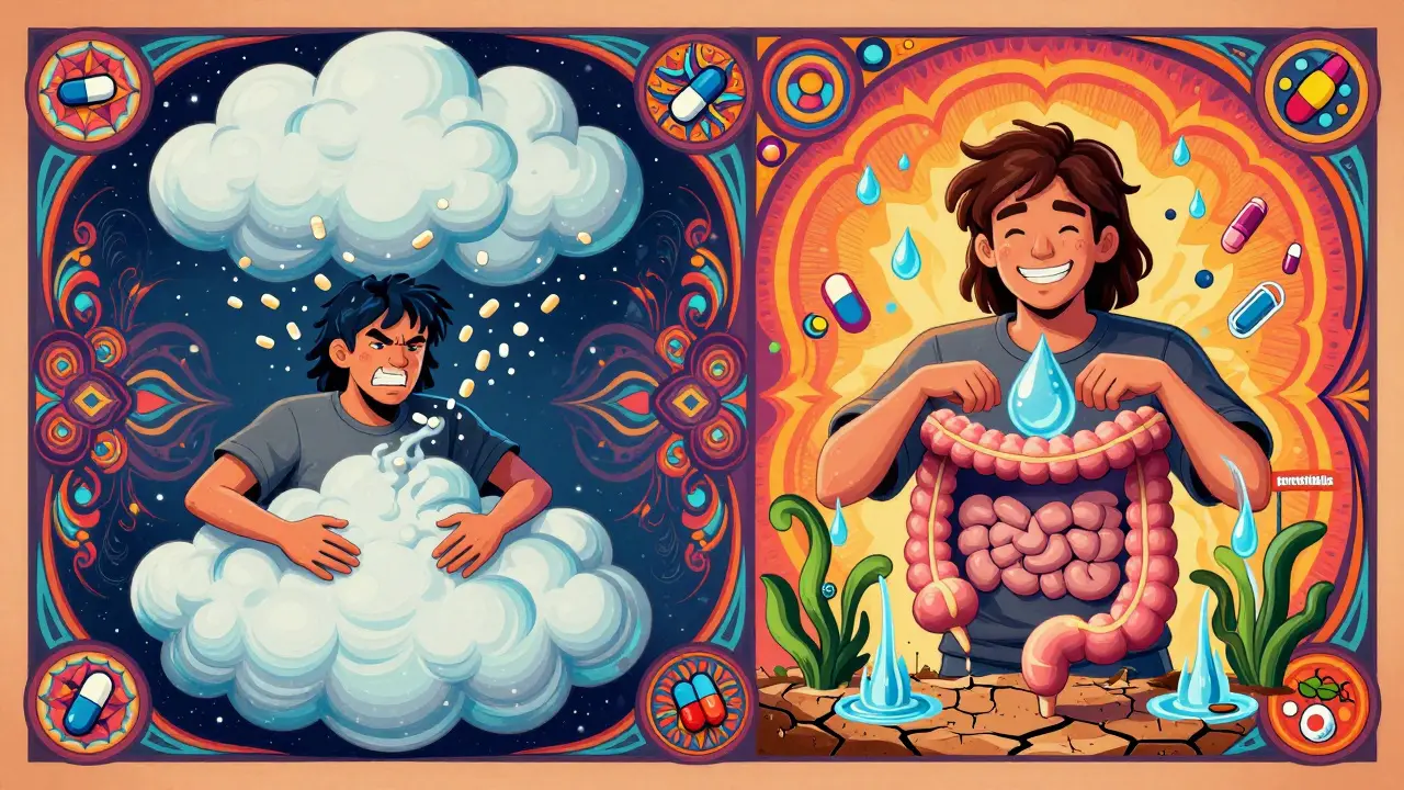Split scene: fiber pills bloating a person vs. osmotic laxatives hydrating a dry colon with revived plants.