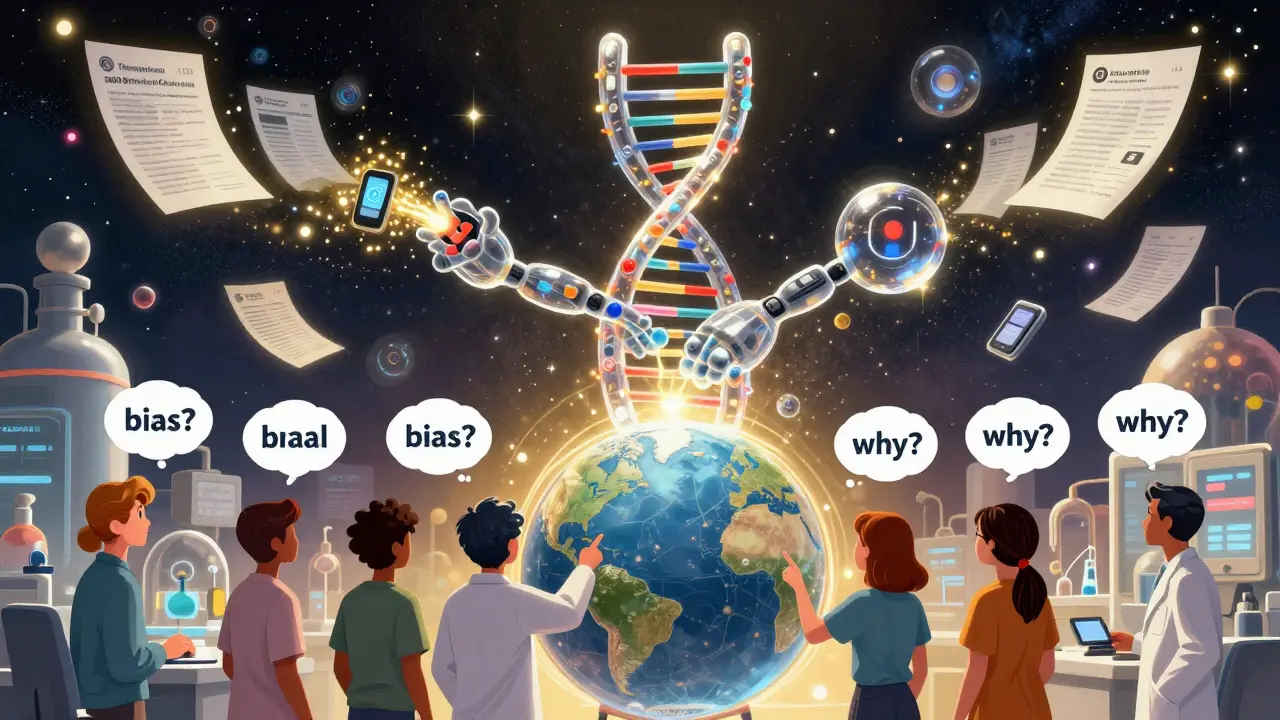 A cosmic DNA helix AI system analyzes global health data while a diverse team questions its decisions.