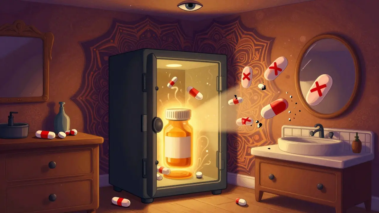 A glowing hotel safe protects a single pill bottle while other pills crumble into dust on unsecured surfaces, surrounded by protective mandala patterns.