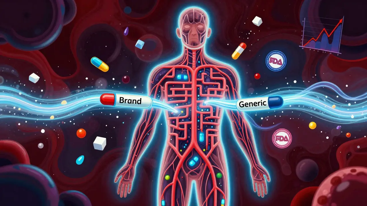 A human body with parallel drug streams flowing through blood vessels, excipients floating away harmlessly, in vibrant cosmic colors.