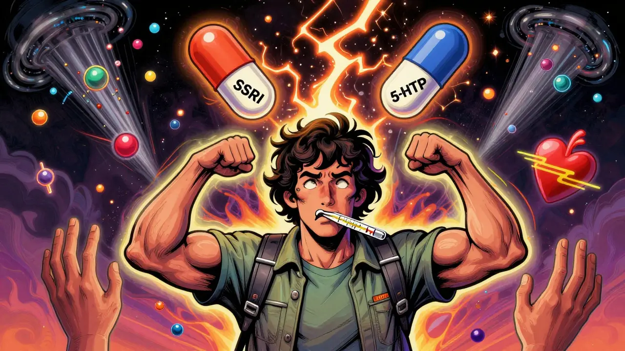 A person with rigid muscles and high fever, surrounded by floating SSRI and 5-HTP pills sparking with dangerous energy.