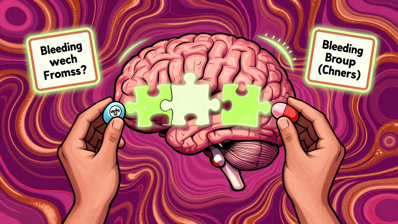 A pharmacist holding two identical pills that become puzzle pieces fitting into a brain, with equal interaction warnings on both sides.