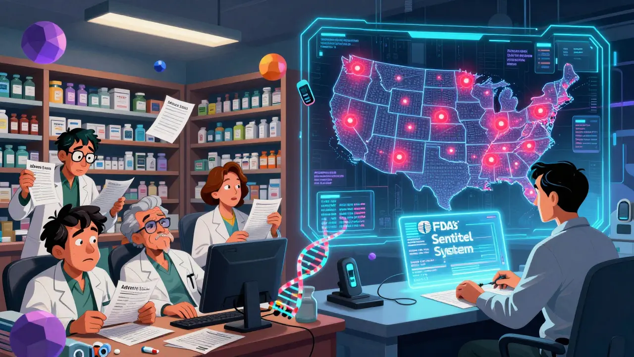 A split scene contrasts overwhelmed pharmacists with a futuristic AI control room monitoring drug safety across the U.S.