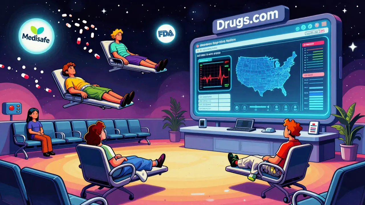 A surreal ER turned into a cosmic control room with floating medication trails and real-time FDA side effect reports displayed on a giant app interface.