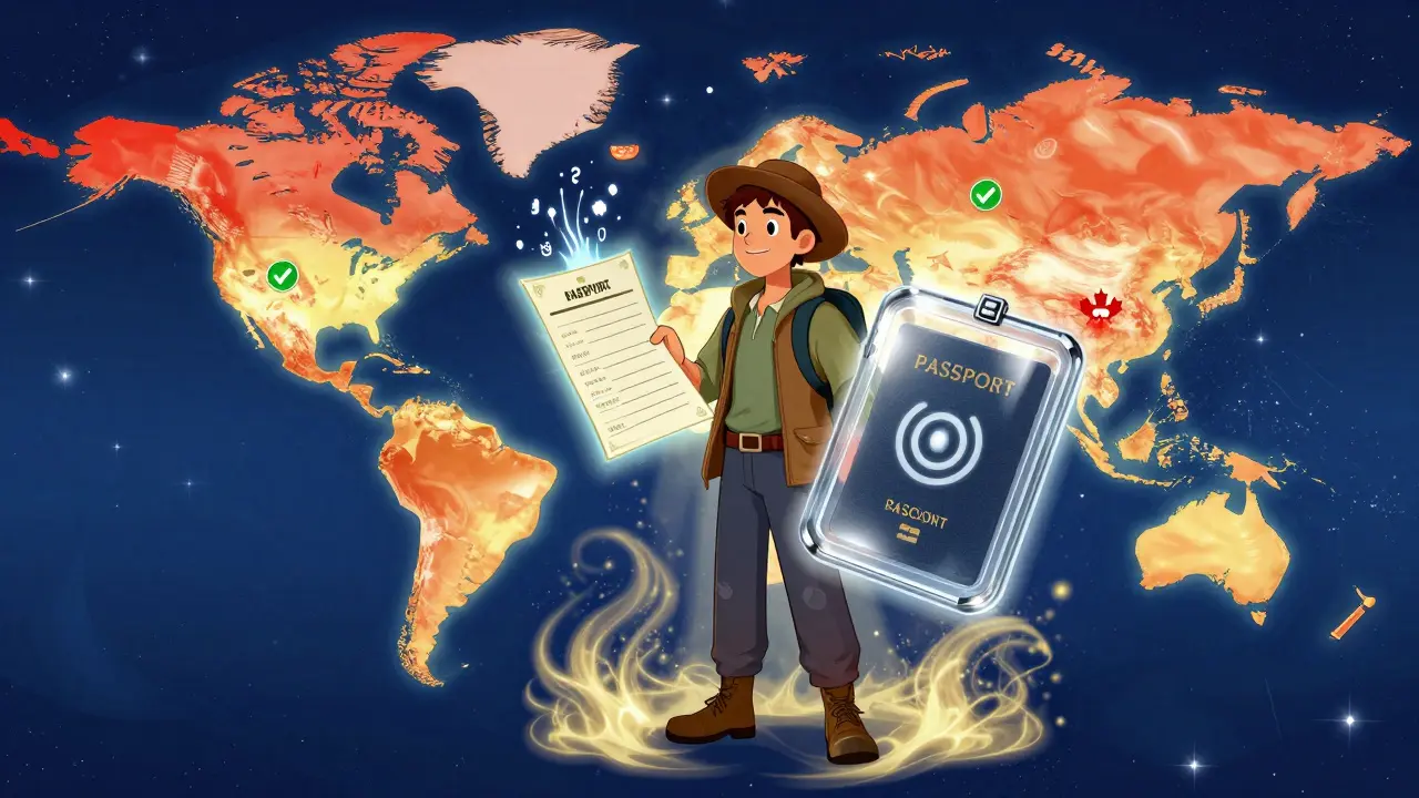 A traveler holds a glowing doctor’s letter and an RFID-blocking case, with a world map showing safe and restricted countries in glowing colors.