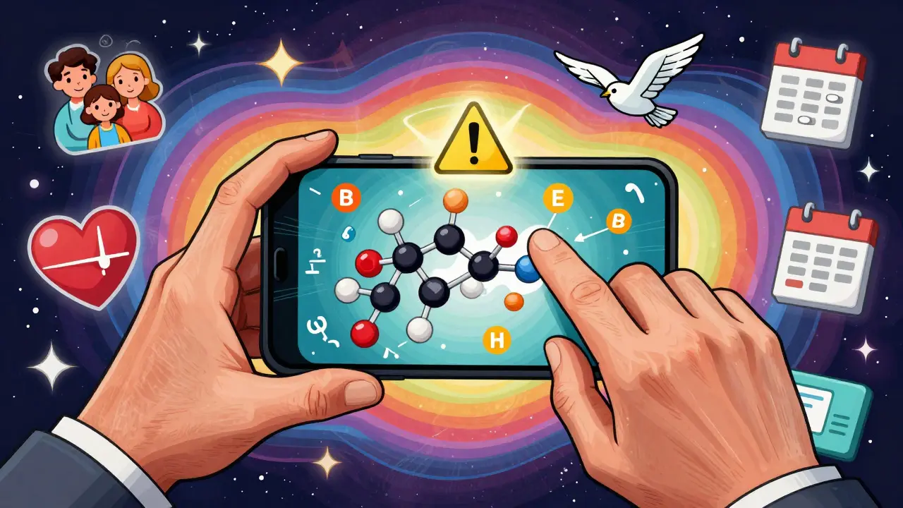 An elderly person scanning a pill with a smartphone that opens into a glowing molecular animation, surrounded by floating medical icons and warnings.