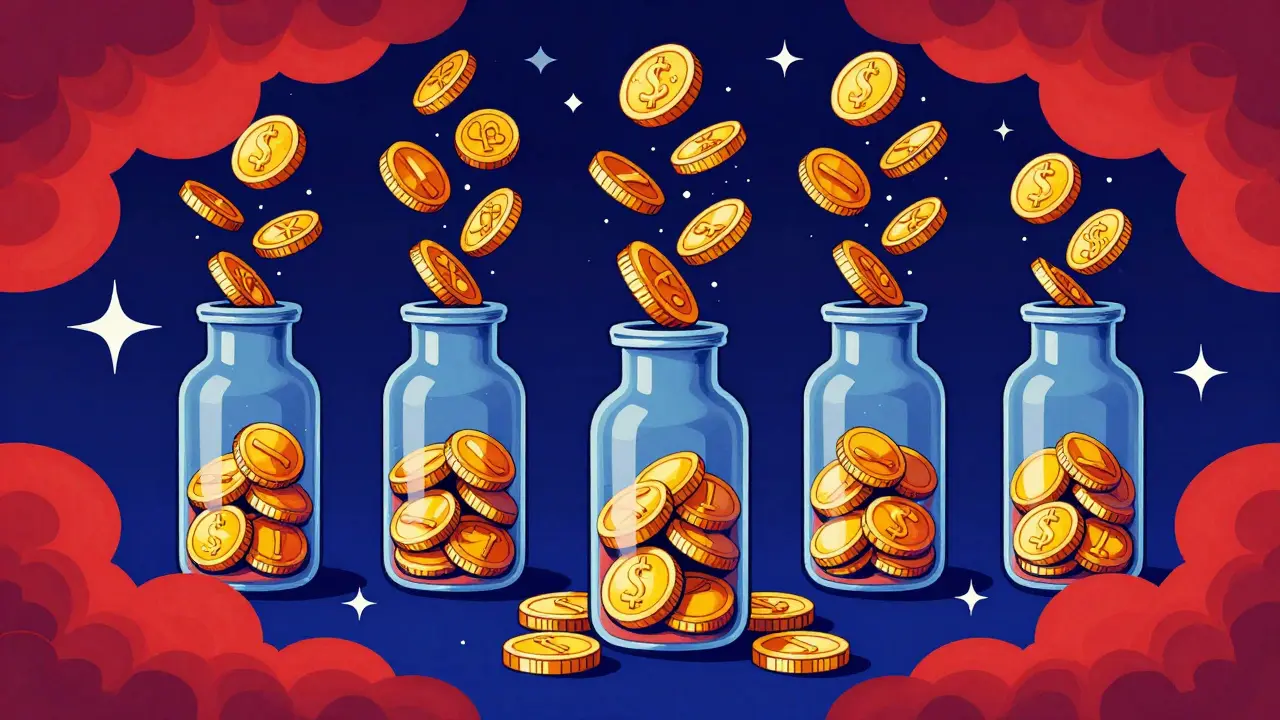 Artistic coins turning into pills floating against a dark background.