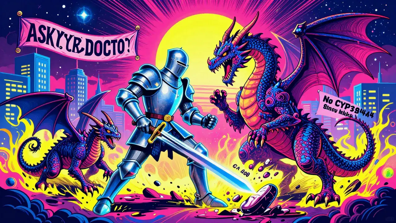 Heroic azithromycin knight defeating a clarithromycin dragon, with safe statins floating peacefully in background.