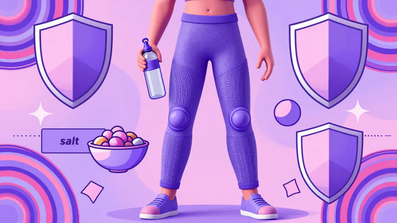 Person with compression gear standing stable against swirling backdrop.