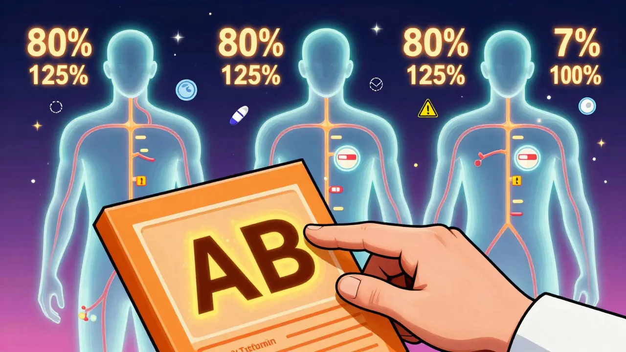 Pharmacist's hand pointing to an 'AB' rating on a glowing book, with glowing human bloodstream pathways and percentage symbols.