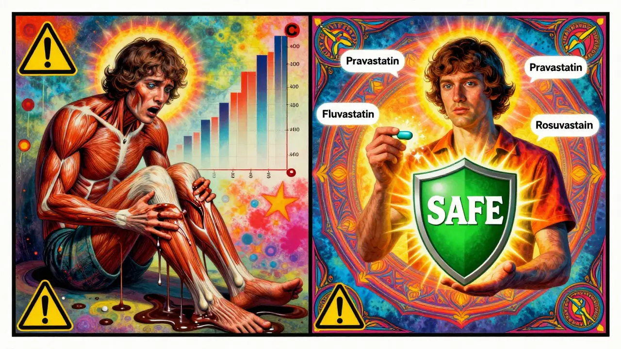 Split scene: one side shows muscle damage from dangerous drug interaction, the other shows safe statins with protective shield.