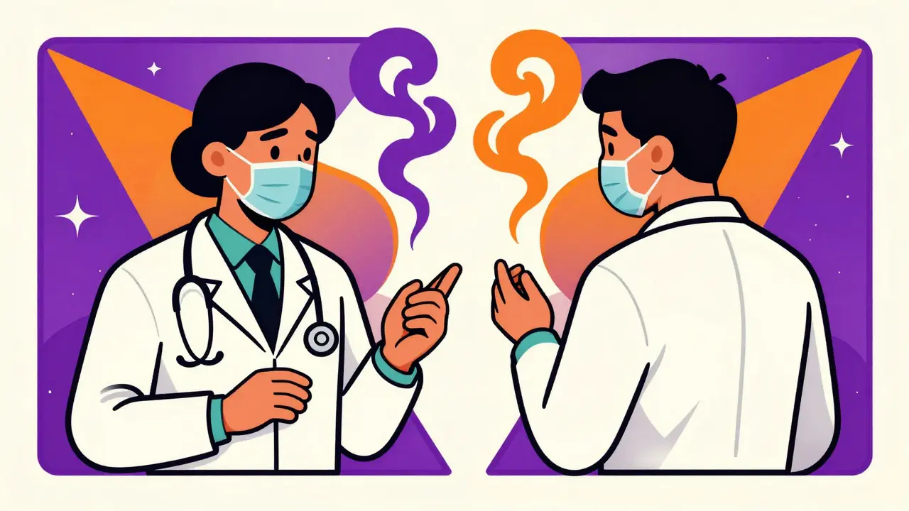 Stylized pharmacist and doctor separated by neon smoke swirls.