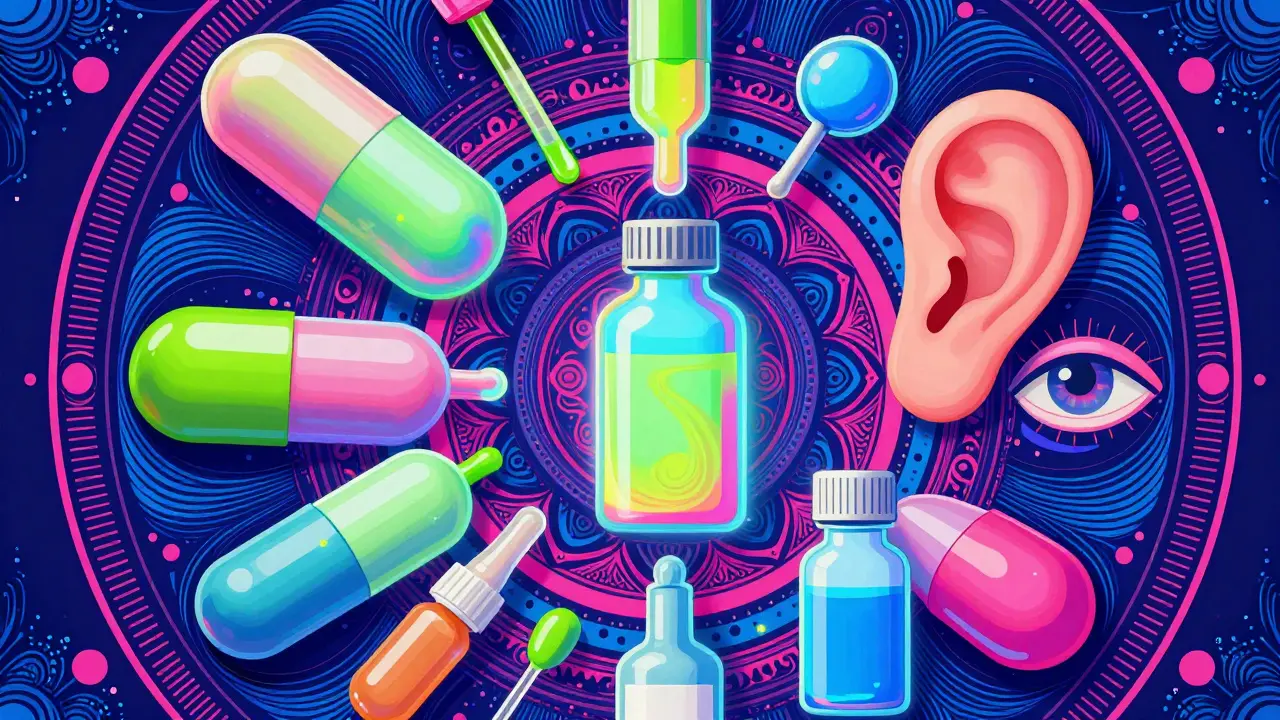 Abstract psychedelic mandala featuring various forms of medication like tablets and dropper bottles.