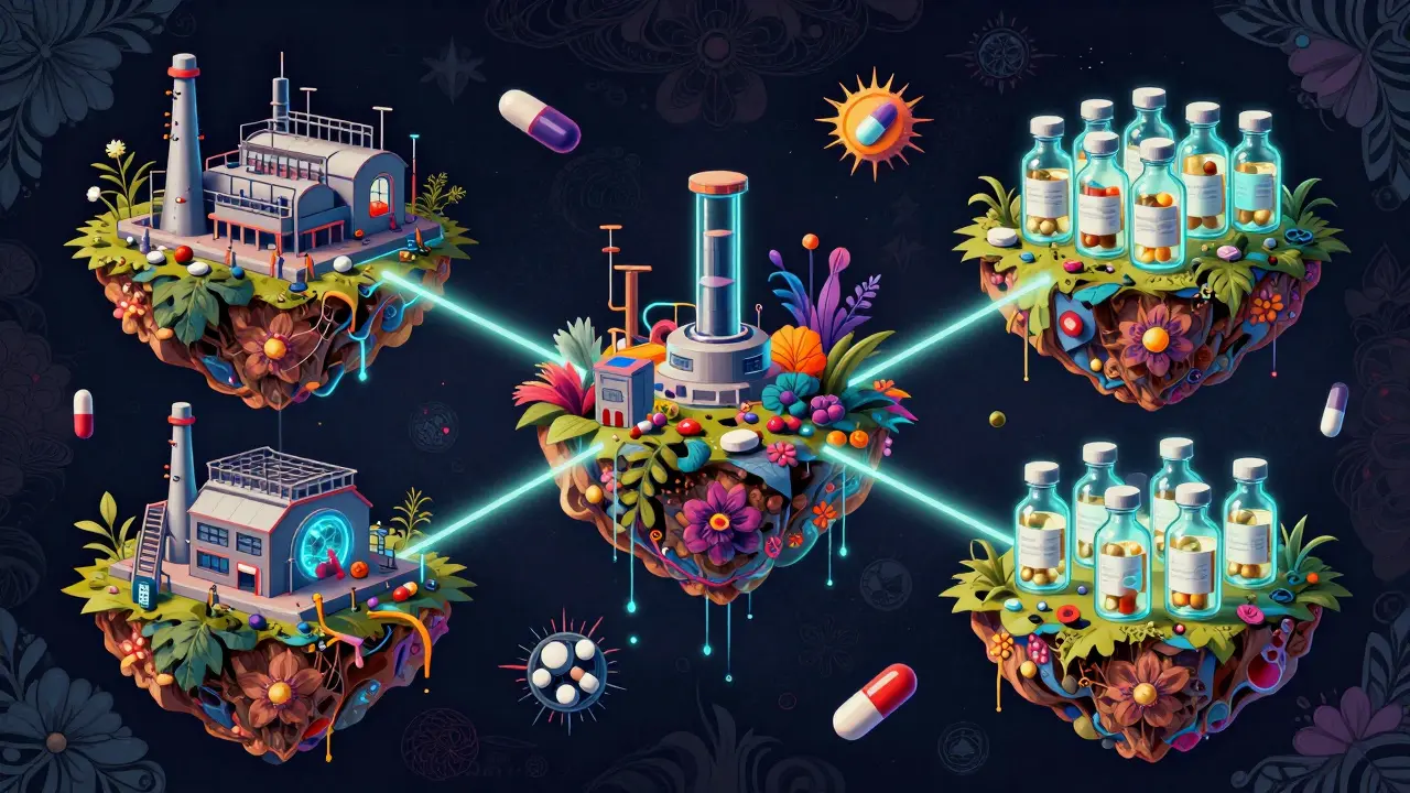 Abstract psychedelic scene of floating islands representing a fragmented drug supply chain.