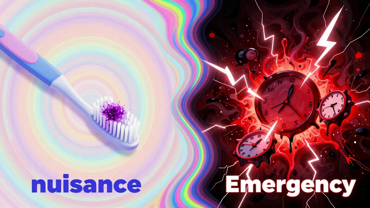 Colorful psychedelic illustration contrasting minor bruising with a high-urgency medical emergency.